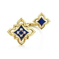 Clearance Gabriel & Co. Byzantine Flower - 18K Yellow Gold Diamond and Blue Sapphire Floral Open Ring with Chrome Blue Enamel