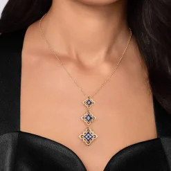 Outlet Gabriel & Co. Byzantine Flower - 18K Yellow Gold Diamond and Blue Sapphire Beaded Floral Drop Necklace with Chrome Blue Enamel