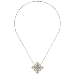 New Gabriel & Co. Byzantine Flower - 18K Yellow White Gold Pave Diamond Floral Pendant Necklace