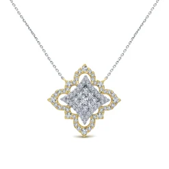 New Gabriel & Co. Byzantine Flower - 18K Yellow White Gold Pave Diamond Floral Pendant Necklace