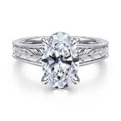 New Gabriel & Co. Caltha - Vintage Inspired 14K White Gold Oval Solitaire Diamond Engagement Ring