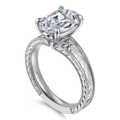 New Gabriel & Co. Caltha - Vintage Inspired 14K White Gold Oval Solitaire Diamond Engagement Ring