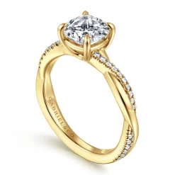 Discount Gabriel & Co. Campana - 14K Yellow Gold Cushion Cut Twisted Diamond Engagement Ring