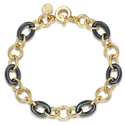 Gabriel & Co. Ceramic - 14K Yellow Gold Hollow Tube and Black Oval Ceramic Link Chain Tennis Bracelet