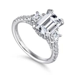 New Gabriel & Co. Charlene - 14K White Gold Emerald Cut Three Stone Diamond Engagement Ring