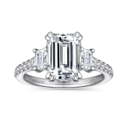 New Gabriel & Co. Charlene - 14K White Gold Emerald Cut Three Stone Diamond Engagement Ring