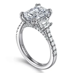 New Gabriel & Co. Charlene - 14K White Gold Emerald Cut Three Stone Diamond Engagement Ring
