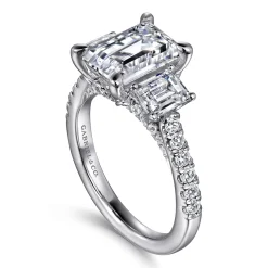 New Gabriel & Co. Charlene - 14K White Gold Emerald Cut Three Stone Diamond Engagement Ring