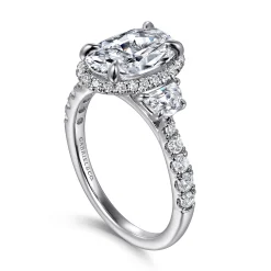 New Gabriel & Co. Cleopatra - 14K White Gold Oval Halo Three Stone Diamond Engagement Ring