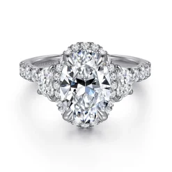New Gabriel & Co. Cleopatra - 14K White Gold Oval Halo Three Stone Diamond Engagement Ring