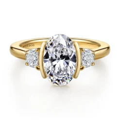 Clearance Gabriel & Co. Colleen - 14K Yellow Gold Half Bezel Oval Three Stone Diamond Engagement Ring