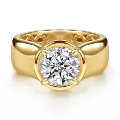 New Gabriel & Co. Connor - 14K Yellow Gold Bezel Prong Round Wide Band Diamond Engagement Ring