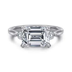 Sale Gabriel & Co. Darline - 14K White Gold Emerald Cut Three Stone Lotus Diamond Engagement Ring