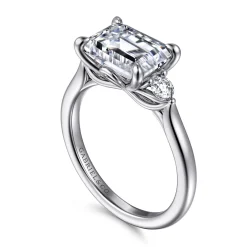 Sale Gabriel & Co. Darline - 14K White Gold Emerald Cut Three Stone Lotus Diamond Engagement Ring