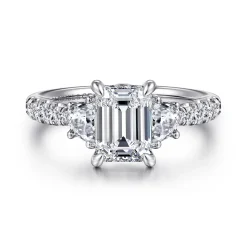 New Gabriel & Co. Dee - 14K White Gold Emerald Cut Three Stone Lotus Diamond Engagement Ring