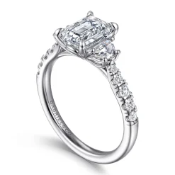 New Gabriel & Co. Dee - 14K White Gold Emerald Cut Three Stone Lotus Diamond Engagement Ring