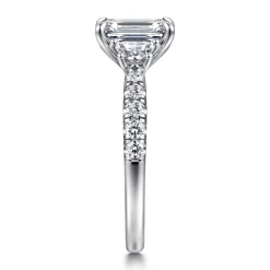 New Gabriel & Co. Dee - 14K White Gold Emerald Cut Three Stone Lotus Diamond Engagement Ring