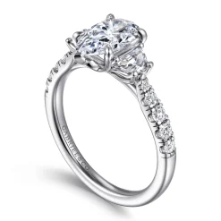 New Gabriel & Co. Dee - 14K White Gold Pear Shape Three Stone Lotus Diamond Engagement Ring