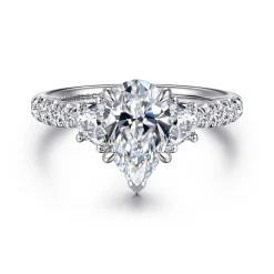 New Gabriel & Co. Dee - 14K White Gold Pear Shape Three Stone Lotus Diamond Engagement Ring