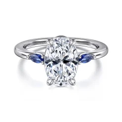 Discount Gabriel & Co. Dela - 14K White Gold Round Three Stone Diamond and Sapphire Engagement Ring