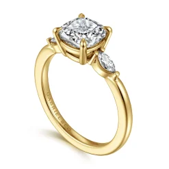 Sale Gabriel & Co. Dela - 14K Yellow Gold Cushion Cut Three Stone Diamond Engagement Ring