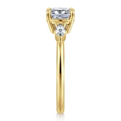New Gabriel & Co. Dela - 14K Yellow Gold Cushion Cut Three Stone Diamond Engagement Ring