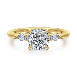 New Gabriel & Co. Dela - 14K Yellow Gold Cushion Cut Three Stone Diamond Engagement Ring
