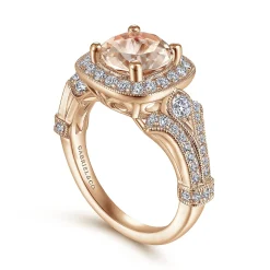 Clearance Gabriel & Co. Delilah - Vintage Inspired 14K Rose Gold Round Halo Morganite and Diamond Engagement Ring