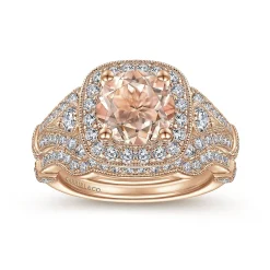 Clearance Gabriel & Co. Delilah - Vintage Inspired 14K Rose Gold Round Halo Morganite and Diamond Engagement Ring