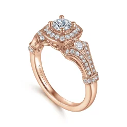 Best Gabriel & Co. Delilah - Vintage Inspired 14K Rose Gold Cushion Halo Round Complete Diamond Engagement Ring