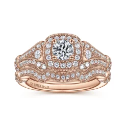 Best Gabriel & Co. Delilah - Vintage Inspired 14K Rose Gold Cushion Halo Round Complete Diamond Engagement Ring