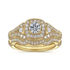 Online Gabriel & Co. Delilah - Vintage Inspired 14K Yellow Gold Cushion Halo Round Complete Diamond Engagement Ring