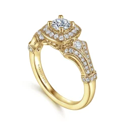 Online Gabriel & Co. Delilah - Vintage Inspired 14K Yellow Gold Cushion Halo Round Complete Diamond Engagement Ring