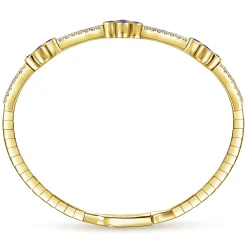 New Gabriel & Co. Demure - 14K Yellow Gold Bangle with Diamond and Sapphire Quatrefoil Stations