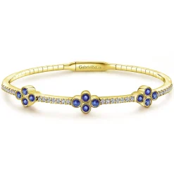 New Gabriel & Co. Demure - 14K Yellow Gold Bangle with Diamond and Sapphire Quatrefoil Stations