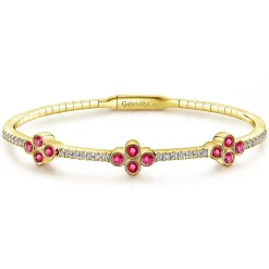 Online Gabriel & Co. Demure - 14K Yellow Gold Bangle with Diamond and Ruby Quatrefoil Stations