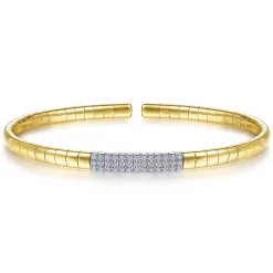 Best Gabriel & Co. Demure - 14K Yellow Gold Cuff Bracelet with Pave Diamond Bar