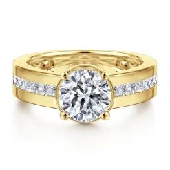 Sale Gabriel & Co. Dennise - 14K Yellow Gold Bezel Prong Wide Band Round Diamond Engagement Ring