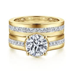 Sale Gabriel & Co. Dennise - 14K Yellow Gold Bezel Prong Wide Band Round Diamond Engagement Ring
