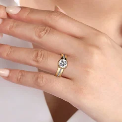 Sale Gabriel & Co. Dennise - 14K Yellow Gold Bezel Prong Wide Band Round Diamond Engagement Ring
