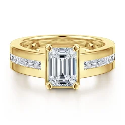 Discount Gabriel & Co. Dennise - 14K Yellow Gold Wide Band Emerald Cut Diamond Engagement Ring