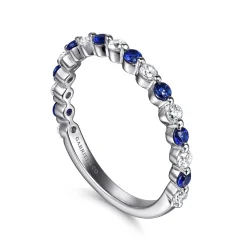 New Gabriel & Co. Devinne - 14K White Gold Single Prong Diamond and Sapphire Anniversary Band - 0.25 ct