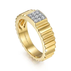 New Gabriel & Co. Diamond Cut - 14K Yellow Gold Diamond and Diamond Cut Texture Wide Band Ring