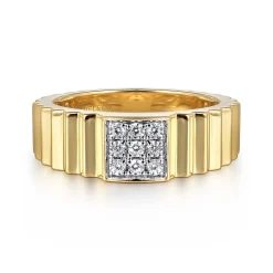 New Gabriel & Co. Diamond Cut - 14K Yellow Gold Diamond and Diamond Cut Texture Wide Band Ring