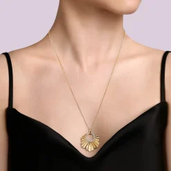 Gabriel & Co. Diamond Cut - 14K Yellow Gold Diamond Necklace With Diamond Cut Texture In Leaf Shape