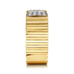 Discount Gabriel & Co. Diamond Cut - 14K Yellow Gold Open Ring with Diamond Pave End Caps and Diamond Cut Texture