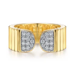 Discount Gabriel & Co. Diamond Cut - 14K Yellow Gold Open Ring with Diamond Pave End Caps and Diamond Cut Texture