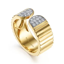 Discount Gabriel & Co. Diamond Cut - 14K Yellow Gold Open Ring with Diamond Pave End Caps and Diamond Cut Texture