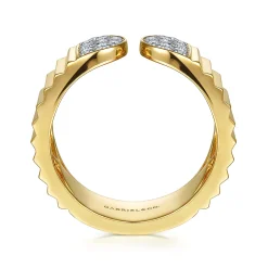 Discount Gabriel & Co. Diamond Cut - 14K Yellow Gold Open Ring with Diamond Pave End Caps and Diamond Cut Texture