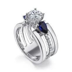 Best Gabriel & Co. Divinity - 14K White Gold Round 3 Stone Sapphire and Diamond Engagement Ring